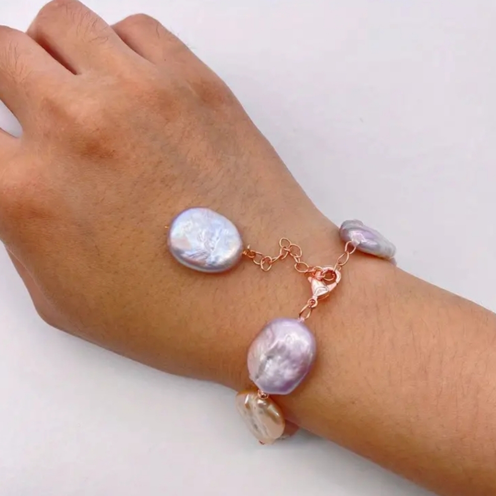 Baroque Natural Freshwater Pearl & 2.5mm Rose Golden Color Beads Bracelet.